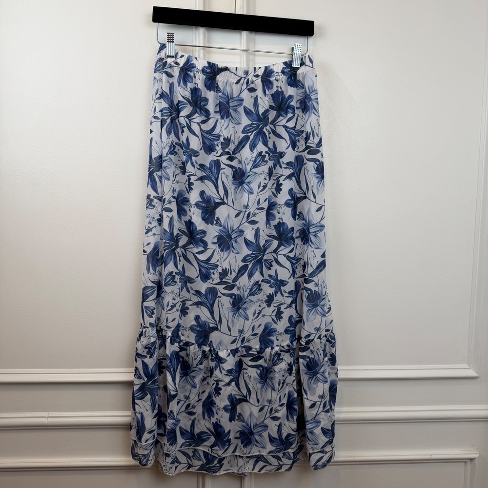 Blue White Floral Lily Tiered Maxi Skirt Chiffon Elastic Waist Medium